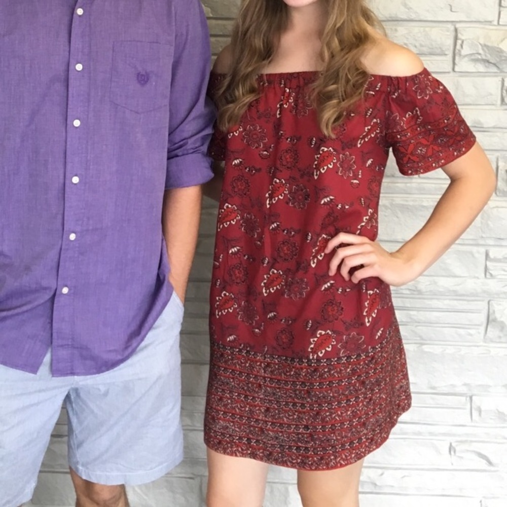 Red paisley across the shoulder dress